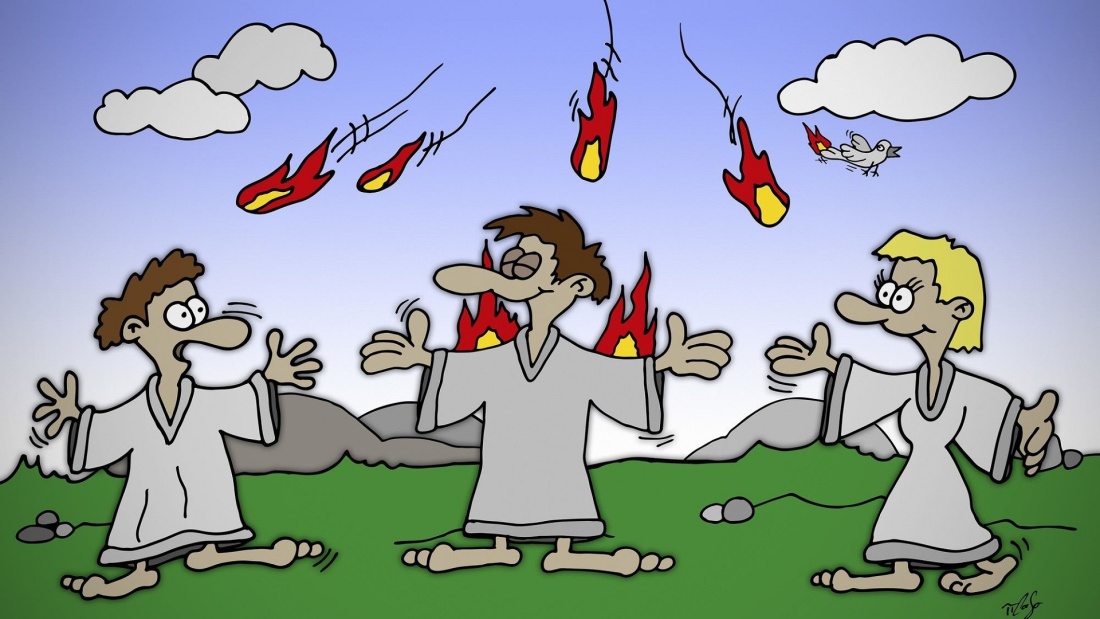 Zeichnung/Karikatur zu Pfingsten mit Jesus, Jüngern, Taube und Flammen vom Himmel