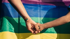 zwei Hände mit aufgemalten Regenbogenflaggen vor einer großen Regenbogenflagge