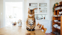 Katze sitzt auf Essenstisch