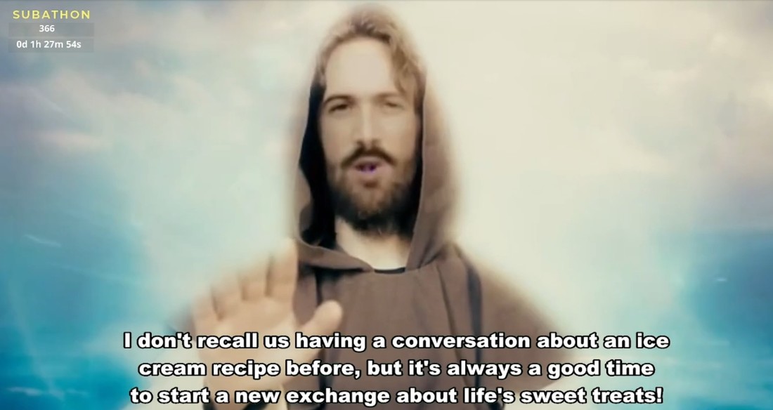 Jesus mit Kapuzenumhang. Der eingeblendete Text: "I don't recall us having a conversation about an ice cream recipe before, but it's always a good time to start a new exchange about life's sweet treats!"